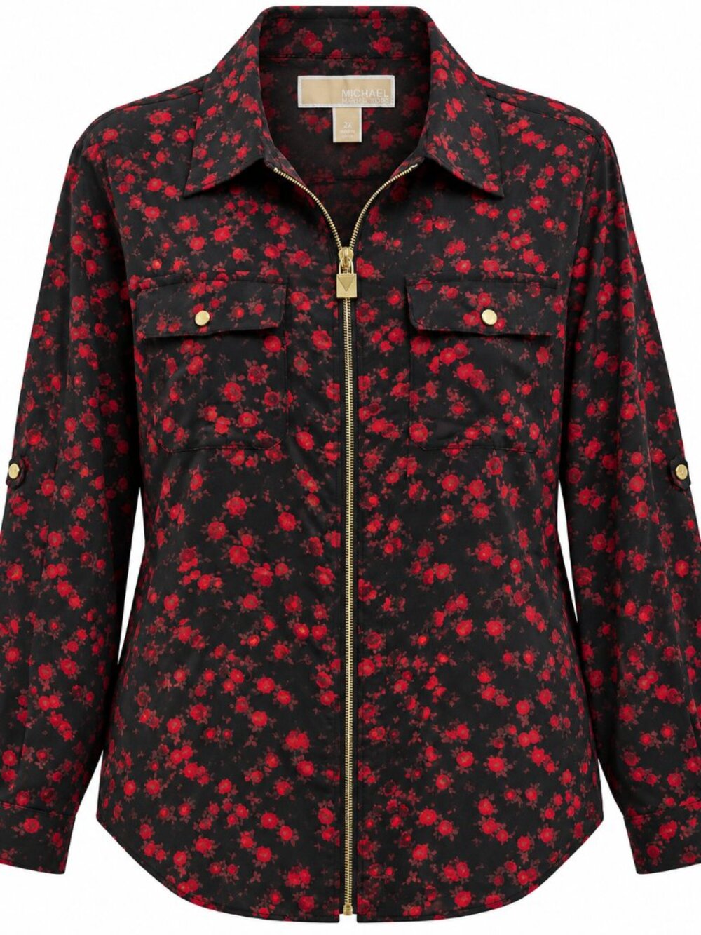 MICHAEL Michael Kors 2X Black Red Floral Zip Front Blouse Gold Hardware Plus
